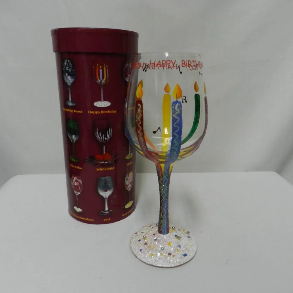 Lolita Happy Birthday Wine Glass Hand Painted Candles Recipe Bottom 15 oz w/ Box